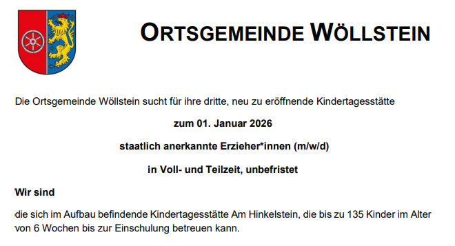 Stellenausschreibung: staatlich anerkannte Erzieher*innen (m/w/d) für Kita „Am Hinkelstein“