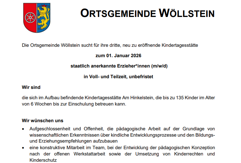 Stellenausschreibung: Erzieher*innen in Voll- und Teilzeit