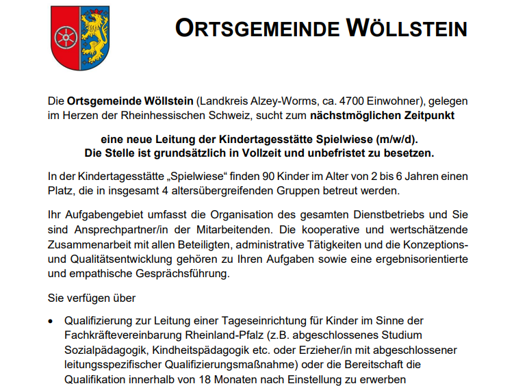 Stellenausschreibung: Kita-Leitung