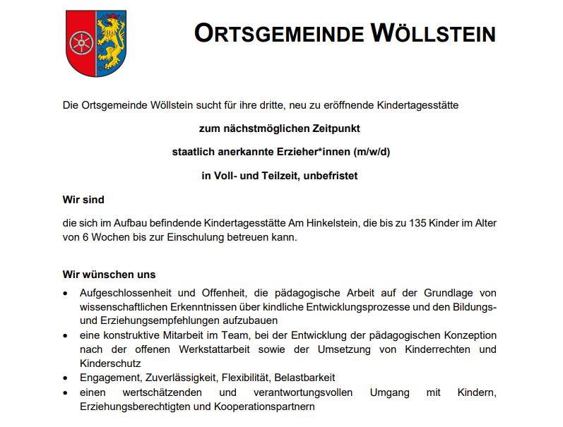 Stellenausschreibung: Erzieher*innen in Voll- und Teilzeit