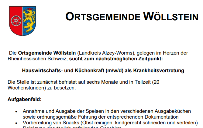 Stellenausschreibung: Hauswirtschafts- und Küchenkraft (m/w/d)